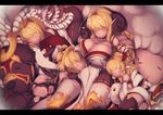  4girls :3 andira_(granblue_fantasy) anila_(granblue_fantasy) animal_ears ass bangs black_legwear black_skirt blonde_hair blunt_bangs blush_stickers bracelet braid breast_rest breasts breasts_on_head closed_eyes closed_mouth commentary_request dog_ears draph eyebrows_visible_through_hair garjana granblue_fantasy harvin holding horns jewelry large_breasts letterboxed long_hair lying mahira_(granblue_fantasy) monkey multiple_girls on_side outstretched_arm pantyhose parted_lips pleated_skirt rope sheep shimenawa short_hair sitting skirt sleeping stuffed_chicken thighhighs vajra_(granblue_fantasy) white_legwear 