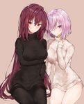  breasts brown_hair check_commentary closed_mouth commentary commentary_request fate/grand_order fate_(series) highres hplay large_breasts long_hair looking_at_viewer mash_kyrielight medium_breasts multiple_girls pantyhose pink_background pink_hair purple_eyes red_eyes scathach_(fate)_(all) scathach_(fate/grand_order) simple_background sitting sweater thighs very_long_hair 