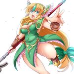  blonde_hair blue_eyes breasts bridal_gauntlets cleavage commentary_request dress forehead_jewel helmet highres jewelry kitayama_miuki large_breasts long_hair low-tied_long_hair necklace open_mouth pauldrons polearm riesz seiken_densetsu seiken_densetsu_3 spear very_long_hair weapon winged_helmet 