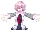  black-framed_eyewear eyebrows_visible_through_hair eyes_visible_through_hair fate/grand_order fate_(series) glasses hair_over_one_eye highres mash_kyrielight necktie outstretched_arms pink_hair purple_eyes red_neckwear shefu short_hair simple_background solo standing white_background 