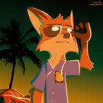  2016 anthro canine car clothed clothing dipstick_ears disney eyewear fan_character fanartiguess fox gloves_(marking) male mammal markings palm_tree police_badge signature solo sunglasses tree url vehicle zootopia 
