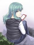  alternate_costume blue_pants cellphone commentary_request green_eyes green_hair holding holding_phone ishii_hisao kantai_collection long_hair long_sleeves pants phone sitting smartphone solo suzuya_(kantai_collection) 