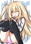  black_legwear blonde_hair blush date_a_live hands_on_own_knees long_hair looking_at_viewer mayuri_(date_a_live) meimu_(infinity) one_eye_closed open_mouth panties pantyshot pantyshot_(sitting) purple_eyes side_ponytail sitting solo underwear 