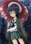  artist_name black_eyes black_hair black_neckwear blouse cowboy_shot eyebrows_visible_through_hair floral_print girls_und_panzer glasses green_skirt haori holding holding_umbrella japanese_clothes long_sleeves looking_at_viewer messy_hair miniskirt neckerchief ooarai_school_uniform open_mouth oriental_umbrella oryou_(girls_und_panzer) outdoors pleated_skirt rain red-framed_eyewear saz_(sazin764) school_uniform semi-rimless_eyewear serafuku short_hair short_ponytail signature skirt smile solo standing tree umbrella under-rim_eyewear white_blouse 