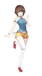  :d badminton_girls blush bracelet brown_eyes brown_hair full_body hair_ornament highres hirose_kanako jewelry leg_up looking_at_viewer necomi open_mouth polo_shirt red_footwear short_hair short_shorts short_sleeves shorts simple_background smile solo standing standing_on_one_leg star star_print white_background yellow_shorts 