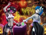  absurd_res alcor90 anthro anthrofied belt black_hair blue_hair clothing dj equine eyes_closed eyewear female food friendship_is_magic fruit hair hi_res horn legwear long_hair mammal my_little_pony octavia_(mlp) pumpkin tongue unicorn vinyl_scratch_(mlp) 