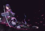  1girl arm_guard blue_eyes bodysuit breasts character_request cherry_blossom fenris glowing large_breasts looking_at_viewer purple_hair smoke sword weapon 