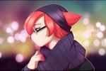  ambiguous_gender anthro beanie chromatic_aberration clothed clothing eyewear feline glasses grainy hair hat mammal nimushka open_mouth red_hair scarf solo teal_eyes watermark 