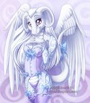  2017 anthro bow breasts clothed clothing corset curved_horn dragon eyebrows feathered_wings feathers female hair lingerie looking_at_viewer nipple_bulge purple_eyes ribbons shinyshine simple_background smile solo standing teeth white_feathers white_hair white_skin wings 