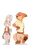  2016 absurd_res anthro canine cellphone clothing disney duo eyewear female fox front_view happy hi_res judy_hopps lagomorph male mammal nick_wilde phone plaid plaid_shirt puddingdrop rabbit shadow simple_background smile sunglasses walking watch white_background zootopia 