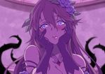  blurry blush breasts cleavage commentary depth_of_field eyebrows_visible_through_hair flower gloves granblue_fantasy hair_between_eyes hair_flower hair_ornament hands_on_own_cheeks hands_on_own_face highres jewelry kakage long_hair looking_at_viewer medium_breasts necklace parody parted_lips purple rosetta_(granblue_fantasy) solo upper_body yandere_trance 