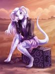  2017 anthro bow breasts claws clothed clothing curved_horn dragon eyebrows female hair hitchhiker horn jacket looking_at_viewer purple_eyes scalie shinyshine sitting skirt smile solo suitcase sun_set toe_claws white_hair white_skin 