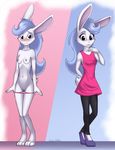  2018 anthro areola bashful blue_hair blush breasts clitoris clothed clothing cute digital_media_(artwork) dot_eyes dress embarrassed ex_(welcome_to_doozy) exposed eyelashes female footwear front_view fur hair hi_res lagomorph long_hair looking_at_viewer looking_away mammal mancoin navel nipples nude open_mouth panties panty_pull pussy rabbit shy signature simple_background small_breasts smile solo standing teeth underwear undressing welcome_to_doozy white_fur 