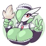  anthro big_breasts breasts cleavage clothed clothing feather_duster female gardevoir limebreaker looking_at_viewer maid_uniform makeup mascara nintendo pok&eacute;mon pok&eacute;mon_(species) smile solo uniform video_games 