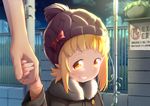  blonde_hair bow building cloud drawfag fence fur_collar fur_trim grin hat hat_bow holding_hands kise_sacchan lamppost mitsuboshi_colors night night_sky out_of_frame outdoors plant polka_dot polka_dot_bow railing red_bow short_hair sidelocks sign sky smile smug solo_focus star_(sky) starry_sky translation_request upper_body yellow_eyes 