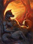  anthro canine day duo fox hibbary lying mammal nude outside sitting sleeping traditional_media_(artwork) tree wolf 