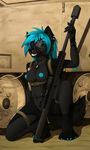  2018 5_fingers anthro areola army black_fur black_nose blue_hair blue_nipples breasts canine crouching detailed_background digital_media_(artwork) dog female fur gun hair holding_object holding_weapon mammal navel nipples ranged_weapon smile solo tales_foxdale weapon 