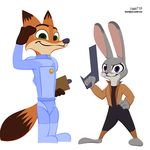  2017 anthro barefoot canine clipboard clothed clothing dipstick_ears dipstick_tail disney duo fanartiguess female fox green_eyes gun hand_on_hip handgun holding_object holding_weapon judy_hopps lagomorph male mammal multicolored_tail nick_wilde open_jacket pistol police_uniform purple_eyes rabbit ranged_weapon salute signature smile standing uniform url weapon zootopia 