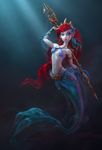  2016 3d_(artwork) ariel_(disney) armlet armor belt blue_eyes bracelet bracers breasts carlos_ortega clothed clothing crown detailed_background digital_media_(artwork) disney ear_piercing female fish_tail flower flower_in_hair front_view green_scales hair hair_ribbon holding_object holding_weapon iridescent iridescent_scales jewelry looking_at_viewer marine melee_weapon merfolk navel partially_submerged piercing plant polearm purple_scales raised_arm red_hair ribbons scales seashell_bra side_boob skimpy solo swimming the_little_mermaid trident under_boob water weapon 