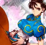  bracelet breasts brown_eyes brown_hair bun_cover china_dress chinese_clothes chun-li double_bun dress earrings jewelry large_breasts lowres pantyhose solo spiked_bracelet spikes street_fighter street_fighter_v toi8 