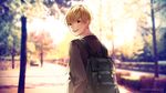  bag blazer blonde_hair commentary_request green_eyes honeyworks jacket looking_back male_focus open_mouth school_uniform smile solo tree yamako_(state_of_children) 