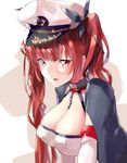  :o azur_lane bangs between_breasts black_cape black_ribbon blurry breasts cape chain cleavage collar detached_sleeves from_side hair_ribbon hat honolulu_(azur_lane) large_breasts long_hair looking_at_viewer looking_to_the_side open_mouth peaked_cap red_eyes red_hair ribbon solo sutaa_dasuto-kun sweat twintails two-tone_background upper_body v-shaped_eyebrows white_hat 