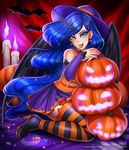  2017 animal_humanoid blue_eyes blue_hair candle clothed clothing colored_nails digital_media_(artwork) ear_piercing equine equine_humanoid feathered_wings feathers female footwear friendship_is_magic hair halloween hat high_heels holidays horn humanoid jack-o&#039;-lantern legwear long_hair looking_at_viewer mammal my_little_pony nightmare_moon_(mlp) open_mouth piercing racoon-kun shoes slit_pupils solo striped_legwear stripes tongue tongue_out wings witch_hat 