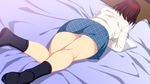  1girl ass ayase_fuuka back backboob bed black_socks breasts brown_hair dutch_angle feet from_behind highres indoors legs long_sleeves lying no_shoes on_bed on_stomach panties pantyshot pantyshot_(lying) pillow plaid_skirt reading school_uniform short_hair skirt socks solo thighs underskirt underwear white_panties yotsubato! yuzurihaya 