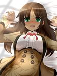  1girl :d alice_gear_aegis bed_sheet blazer blush bow bowtie brown_hair buttons center_frills commentary_request double-breasted goma_(gomasamune) green_eyes highres holding_hands jacket kaneshiya_sitara long_hair looking_at_viewer lying open_mouth out_of_frame pov pov_hands school_uniform smile solo_focus sweat underbust 