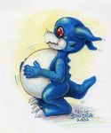  2002 anthro belly blue_skin digimon inflation male nick_bondra red_eyes simple_background solo veemon 