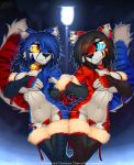  anthro big_breasts black_hair blue_eyes blue_fur blue_hair breasts cherry_(macmegagerc) clothed clothing duo felicia_(tailsrulz) feline female fur hair hand_on_breast macmegagerc mammal piercing red_fur sibling topless twins yellow_eyes 
