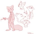  2016 anthro canine clothing disembodied_head disney food fox half-closed_eyes half-length_portrait hi_res male mammal multiple_poses nick_wilde open_mouth pawpsicle pointing popsicle portrait pose puddingdrop simple_background sketch solo white_background zootopia 
