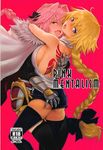  1boy 1girl :d armpit_peek ass_grab astolfo_(fate) back_tattoo backless_outfit bare_shoulders black_bow blonde_hair braid breasts cape cover cover_page doujin_cover fang fate/apocrypha fate_(series) fur_collar hair_bow hair_intakes hetero hug jeanne jeanne_d&#039;arc_(fate) jeanne_d&#039;arc_(fate)_(all) long_hair looking_at_viewer medium_breasts nekoi_mie open_mouth pink_hair purple_eyes red_background red_eyes shorts sideboob simple_background single_braid tattoo thighhighs trap 