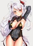  antenna_hair azur_lane bangs between_breasts bikini black_bikini black_gloves blush breasts breasts_outside buttons cleavage finger_to_mouth gloves hand_behind_head head_tilt headgear highres keita_(tundereyuina) large_breasts long_hair long_sleeves looking_at_viewer lowleg lowleg_bikini multicolored_hair no_pants parted_bangs prinz_eugen_(azur_lane) skin_tight solo standing streaked_hair swimsuit thigh_gap white_hair yellow_eyes 