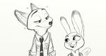  &lt;3 2017 anthro badge buckteeth canine clothed clothing digital_drawing_(artwork) digital_media_(artwork) dipstick_ears disney duo female fox fur greyscale half-closed_eyes inner_ear_fluff judy_hopps lagomorph looking_at_another male mammal monochrome necktie nick_wilde open_mouth open_smile police_uniform rabbit raised_eyebrow signature simple_background size_difference sketch smile teeth trashasaurusrex uniform white_background zootopia 