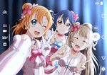  :d ;d ^_^ absurdres bare_shoulders blue_eyes blue_hair blush bokutachi_wa_hitotsu_no_hikari choker closed_eyes closed_mouth commentary_request elbow_gloves flower gloves grey_hair hair_flower hair_ornament highres kousaka_honoka long_hair looking_at_viewer love_live! love_live!_school_idol_project minami_kotori multiple_girls one_eye_closed one_side_up open_mouth orange_hair ribbon shiokazunoko sleeveless smile sonoda_umi upper_body v yellow_eyes 