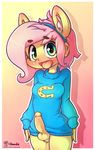  anthro balls big_breasts blush bottomless breasts clothed clothing collar dickgirl equine fluttershy_(mlp) friendship_is_magic hoodie_(artist) humanoid_penis intersex mammal my_little_pony penis solo sweat sweater tongue tongue_out 