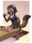  &lt;3 anthro belt beverage camo chest_tuft chopsticks eating eyewear female food glasses green_tea_(disambiguation) kacey kneeling kyra_sable pillow plantigrade sable solo sushi table tea tuft wasabi 