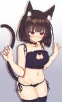  absurdres animal_ears azur_lane bangs bare_arms bare_shoulders bell bell_choker black_bra black_choker black_legwear black_panties blush bra breasts brown_hair cat_cutout cat_ear_panties cat_ears cat_girl cat_lingerie cat_tail choker chromatic_aberration cleavage_cutout closed_mouth collarbone eyebrows_visible_through_hair fang fang_out fingernails frilled_bra frills hands_up highres honami_(yths4221) jingle_bell lingerie looking_away looking_down medium_breasts meme_attire navel nose_blush panties red_eyes shadow side-tie_panties solo tail thighhighs underwear underwear_only yamashiro_(azur_lane) 
