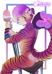  ambiguous_gender anthro anus bow butt chair claws dessert ear_piercing eyelashes fangs feline food girly ice_cream looking_back mammal nude piercing pink_eyes piyotm sitting solo tiger tongue 