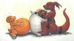  2002 agumon anthro belly belly_bump big_belly claws digimon dinosaur duo guilmon male nick_bondra overweight scalie simple_background size_difference yellow_eyes 