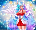  2018 absolute_territory animal_humanoid armwear big_breasts bow_tie breasts cleavage clothed clothing digital_media_(artwork) dress elbow_gloves equine equine_humanoid feathered_wings feathers female friendship_is_magic gloves hair horn humanoid long_hair looking_at_viewer mammal miniskirt multicolored_hair my_little_pony princess_celestia_(mlp) purple_eyes racoon-kun skirt smile solo white_feathers wings 
