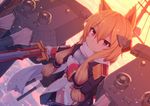  animal_ears azur_lane bangs black_jacket blonde_hair blush cannon cat_ears closed_mouth commentary_request dutch_angle epaulettes eyebrows_visible_through_hair gloves hair_between_eyes headgear holding holding_sword holding_weapon jacket long_hair long_sleeves ocean outdoors red_eyes shinopoko sidelocks smile solo standing sunset sword turret warspite_(azur_lane) water weapon white_gloves 