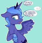 ... 2016 ? blue_hair blush crossgender crown cute cutie_mark cyan_background dialogue english_text equine eyebrows feathered_wings feathers feral friendship_is_magic hair hi_res higglytownhero horn looking_away male mammal my_little_pony nude open_mouth princess_luna_(mlp) simple_background solo_focus speech_bubble teal_eyes text tongue unseen_character winged_unicorn wings 