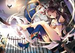  anklet bare_shoulders bird black_feathers black_panties blue_footwear boots breasts brown_hair choker cleavage crossed_legs detached_sleeves eyebrows_visible_through_hair fate/grand_order fate_(series) full_moon gyaza head_tilt high_heel_boots high_heels ishtar_(fate/grand_order) jewelry looking_at_viewer midriff moon night outdoors panties parted_lips red_eyes small_breasts smile solo thigh_boots thighhighs underwear 