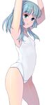  :o aqua_hair armpits arms_up bangs bare_arms bare_shoulders blue_eyes blunt_bangs breasts competition_swimsuit covered_nipples cowboy_shot eyebrows_visible_through_hair flat_chest highres long_hair looking_at_viewer masao one-piece_swimsuit original parted_lips shiny shiny_skin simple_background small_breasts standing swimsuit thighs white_background white_swimsuit 
