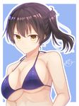  bangs bare_shoulders bikini bikini_top blue_background blue_bikini breasts brown_hair cleavage collarbone halter_top halterneck highres kaga_(kantai_collection) kantai_collection large_breasts looking_at_viewer outline ramchi serious shiny shiny_hair short_hair side_ponytail signature simple_background solo string_bikini swimsuit underboob upper_body v-shaped_eyebrows white_outline yellow_eyes 
