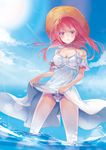  blue_sky breasts choker cleavage cloud cloudy_sky commentary_request day dress dress_lift hat highres lifted_by_self long_hair looking_at_viewer medium_breasts memai ocean original red_eyes red_hair sky solo sun_hat sunlight wading white_dress 