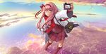  blue_eyes camera clouds darling_in_the_franxx horns lavie long_hair pink_hair scarf skirt sky water zero_two 