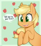  ! 2016 apple applejack_(mlp) blonde_hair bust_portrait cute dialogue earth_pony english_text equine eyelashes female feral food freckles friendship_is_magic fruit green_background green_eyes hair higglytownhero horse looking_at_viewer mammal my_little_pony nude open_mouth open_smile pony portrait reaction_image simple_background smile solo speech_bubble talking_to_viewer teeth text tongue 